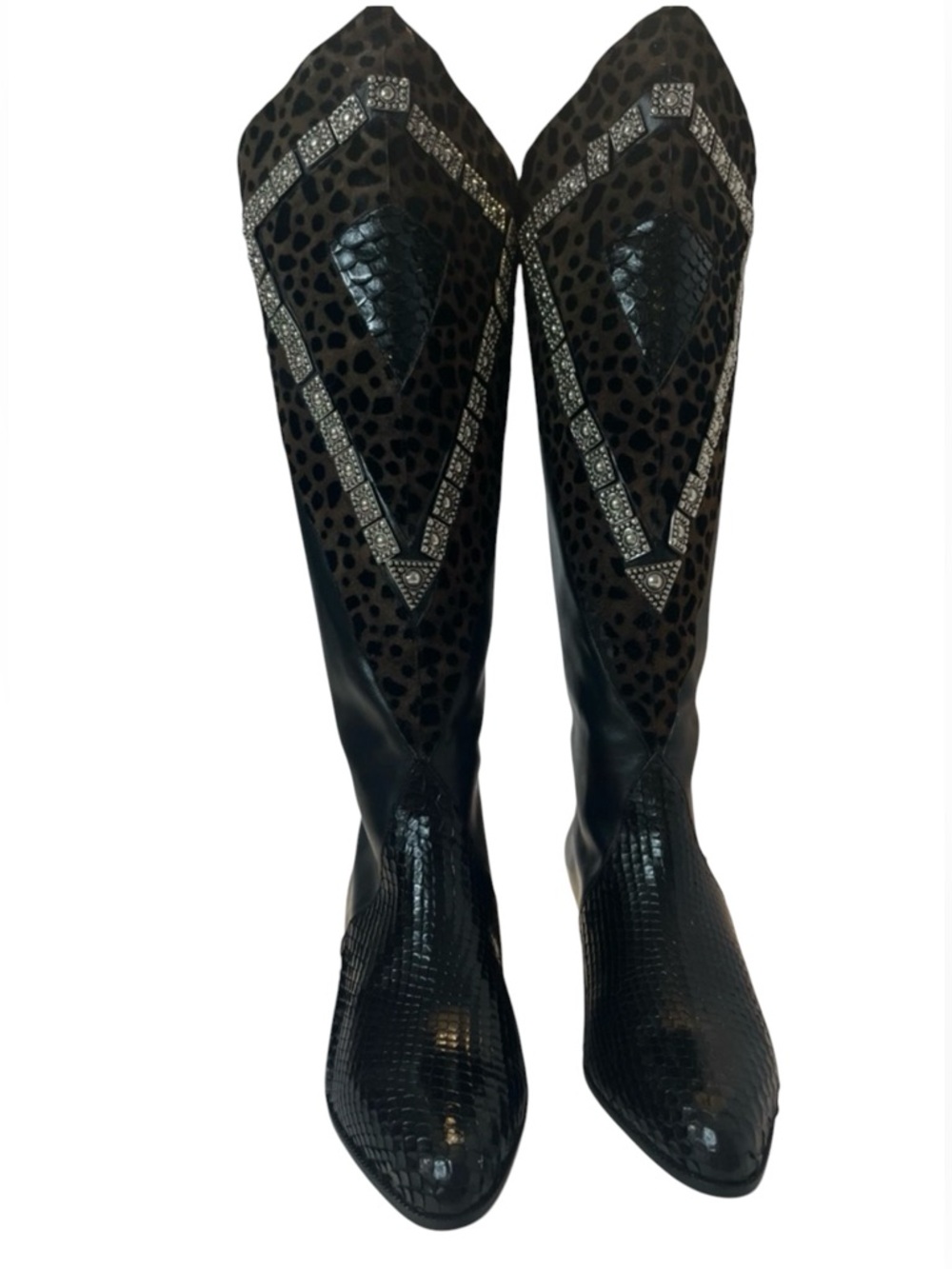 Vintage Nando Muzi Leopard Calf Hair & Leather Boots Studded Made in Italy 6.5